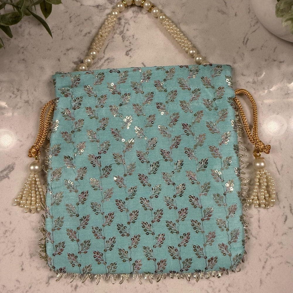 Traditional Indian Potli Bag Drawstring Pearl Beaded Handle Purse Pouch